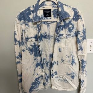 American Eagle Acid Wash Denim Pearl Snap Shirt - Blue and White